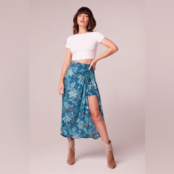 NWT Band Of The Free CELENE TEAL FLORAL LAYERED MIDI SKIRT Bohemian High Low - Picture 5 of 5